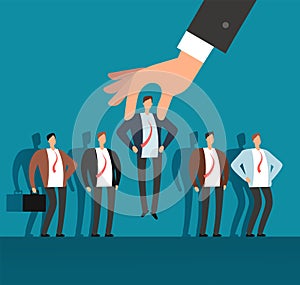 Employer hand choosing man from selected group of people. Recruitment vector business concept