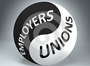 Employers and unions in balance - pictured as words Employers, unions and yin yang symbol, to show harmony between Employers and