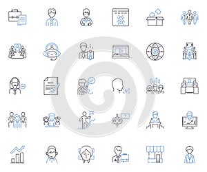 Employing staffing line icons collection. Recruitment, Hiring, Employment, Staffing, Onboarding, Training, Retention