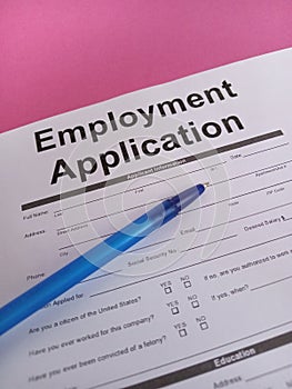 Employment application to apply for a job
