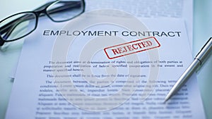 Employment contract rejected, officials hand stamping seal on business document