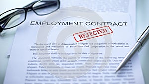 Employment contract rejected, seal stamped on official document, business deal