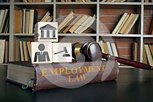 Employment law book, wooden cubes and gavel.