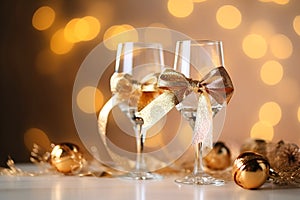 Emplty glasses for champagne taped with golden ribbon against holiday lights. New Year background. Two glasses on table with