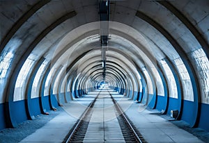 Emplty long underground train tunnel. Generative AI