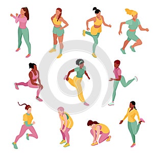 Empowering Diversity - Isometric Vector Illustration of Women in Various Running Poses for Fitness and Sports