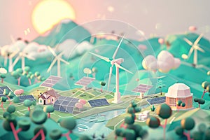 Empowering villages with renewable energy, illustrations of solar panels and wind turbines