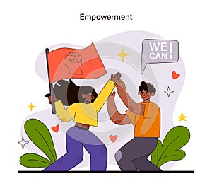 Empowerment concept. Individuals unite in a high-five, beneath symbols of strength and capability.