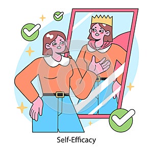 Empowerment and self-efficacy. Young woman sees her confident reflection