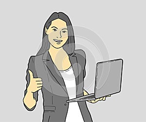 Empoyee woman showing thumbs with holding laptop up with gray background.