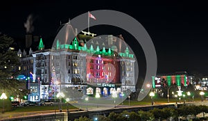 The Empress Hotel with christmas illumination at night