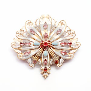 Empress Inspired Decorative Brooch With Gold, White, And Red Stones