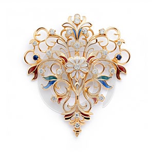 Empress Inspired Ornate Gold Brooch With Colored Stones