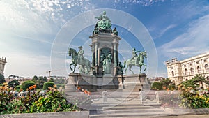 Empress Maria Theresia Monument timelapse hyperlapse and Museums Quartier on a background in Vienna, Austria.