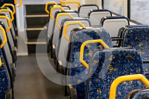 Empry train carriage seats. Passengers public transport. Tangara carriage. Sydney trains