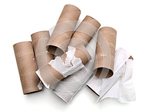 Emptiness toilet paper rolls, bath tissue isolated on white photo