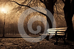 The emptiness of an urban park is accentuated by a woeful wooden bench amidst fallen leaves