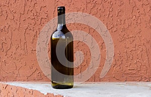 Empty 1.5 liter wine bottle against a terracotta colored concrete wall