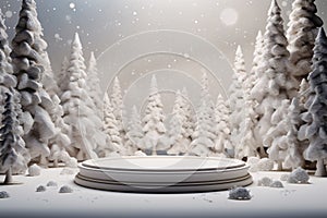 Empty 3D White Podium Stand Surrounded by Fir Trees and Falling Snow, Christmas Concept