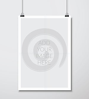 Empty A4 sized vector paper frame mockup hanging with paper clip