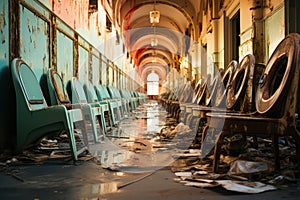 an empty abandoned industrial building with rows of broken and rusty chairs