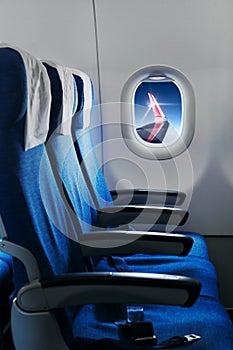 Empty air plane seats. Airplane interior