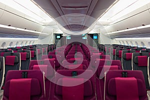 Empty aircraft cabin interior due to covid-19 medical global emergency pandemy. Transportation lockdown airline company economy