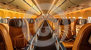 Empty aircraft seats. Interior of passenger plane. Generative Ai