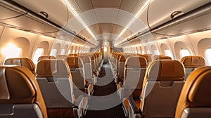 Empty aircraft seats. Interior of passenger plane. Generative Ai