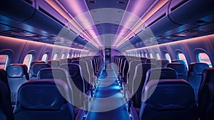 Empty aircraft seats. Interior of passenger plane. Generative Ai