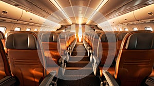 Empty airplane cabin interior, Commercial airliner seats in economy class