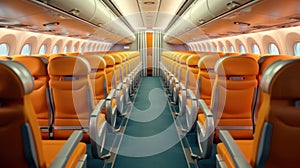 Empty airplane cabin interior, Commercial airliner seats in economy class