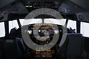 Empty airplane cabin with radar compass windscreen and navigation