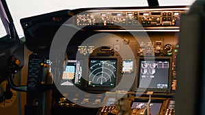 Empty airplane cockpit with dashboard command to throttle engine