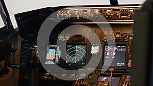 Empty airplane cockpit with dashboard command to throttle engine