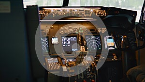 Empty airplane cockpit with dashboard and control panel
