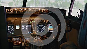 Empty airplane cockpit with dashboard and control panel