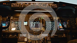 Empty airplane cockpit with dashboard navigation to takeoff