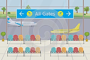 Empty airport building. Terminal interior, nobody. All gates board with arrows. Navigation in airport. Aircrafts on the runway