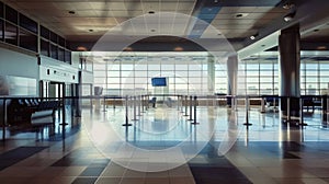 Empty airport check-in area with modern architecture and large windows. Automated check-in, airport management