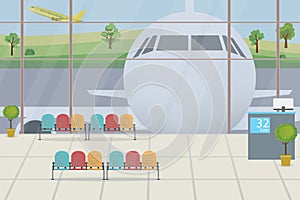 Empty airport interior with furniture.Airplane on runway.Passenger terminal without people