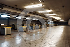 empty airport terminal with emergency lights and sirens, indicating emergency situation