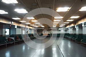 empty airport terminal with emergency lights and sirens, indicating emergency situation