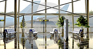 Empty airport terminal lounge with airplane on background. 3d illustration