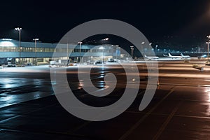 empty airport terminal, with view of parked airplanes and runways, during late night shift