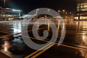 empty airport terminal, with view of parked airplanes and runways, during late night shift