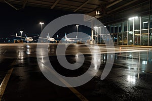 empty airport terminal, with view of the tarmac and planes, at night