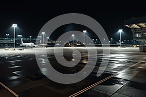 empty airport terminal, with view of the tarmac and planes, at night