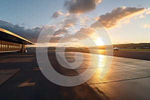 empty airport terminal, with view of the tarmac and runways, during sunset