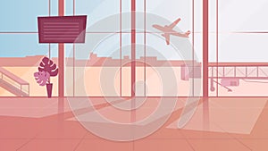 Empty airport waiting room flat vector illustration. Terminal sunlit hall with panoramic windows. Monitor with arrival schedule.